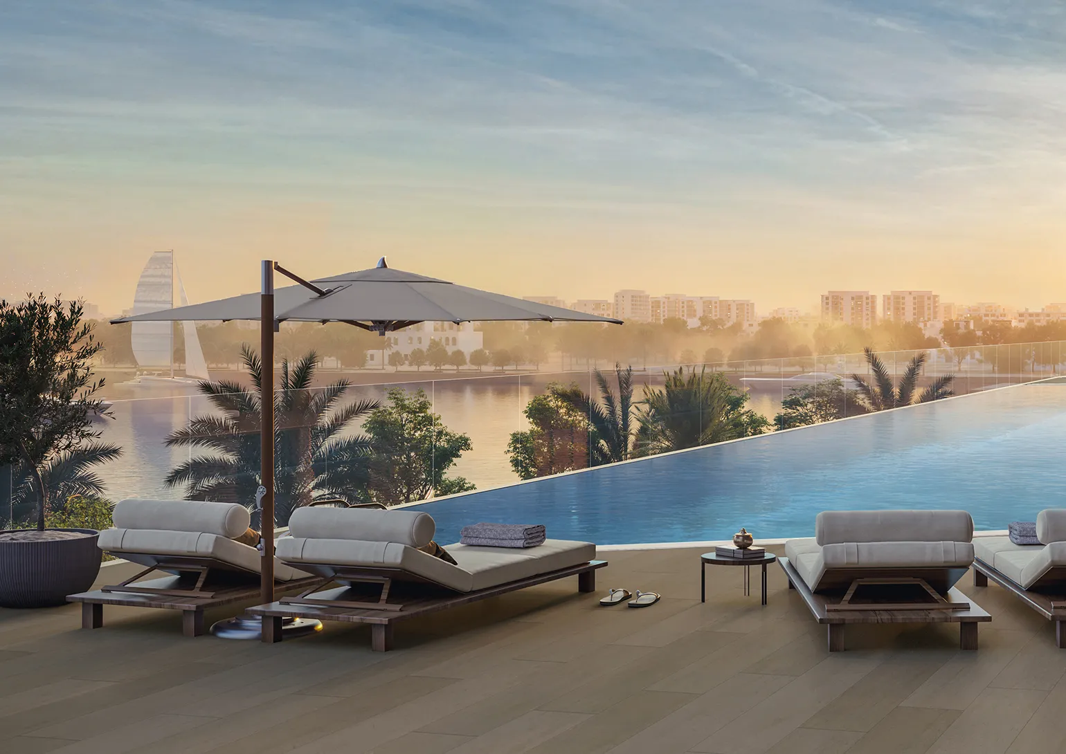 The outdoor pool deck at sunset, architect render