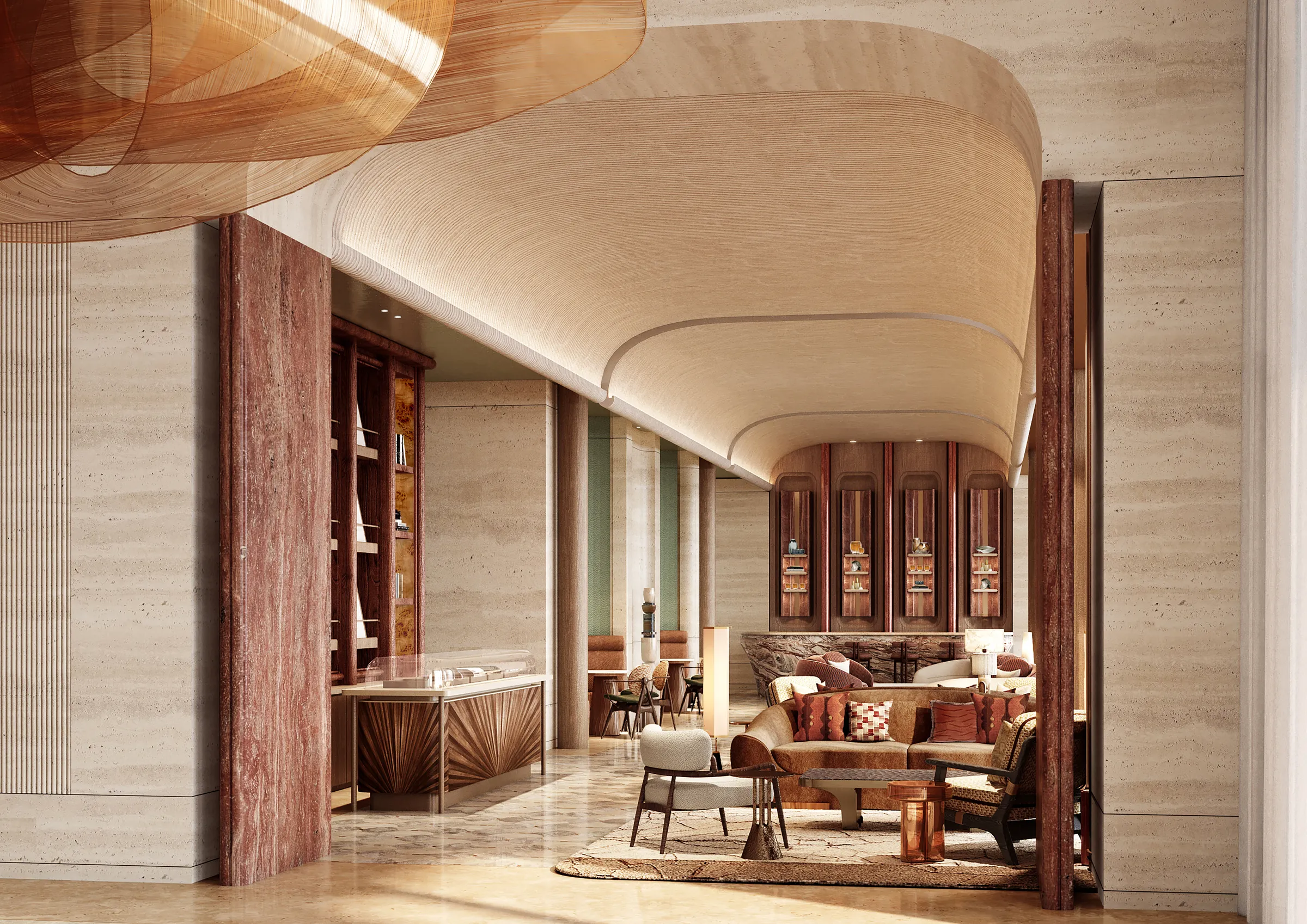 Residents’ lounge in walnut and travertine, developer render