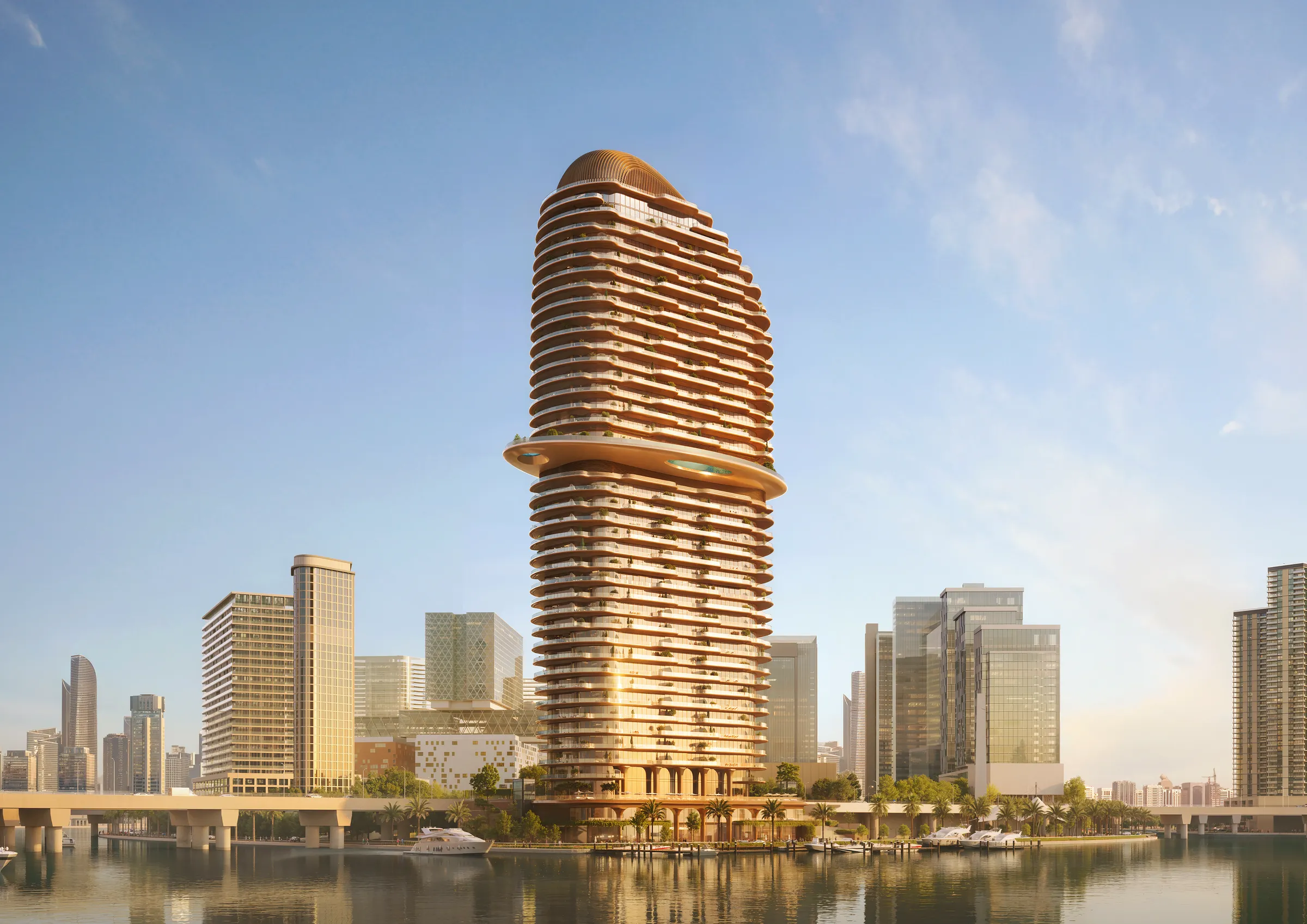 The Jumeirah Residences tower on the Al Maryah Island waterfront, seen across the water by day, developer render