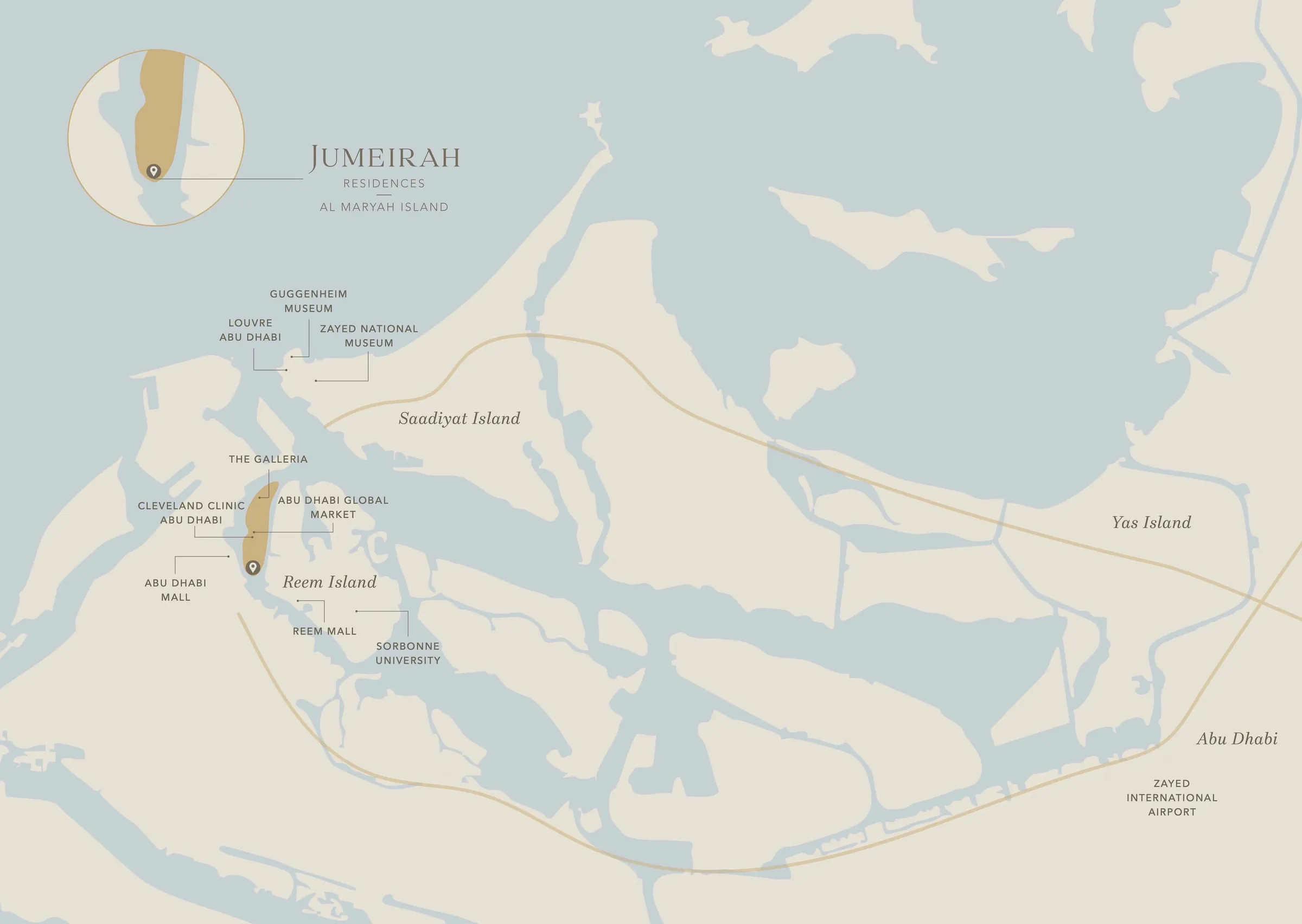 Developer location map of Al Maryah Island and Abu Dhabi destinations