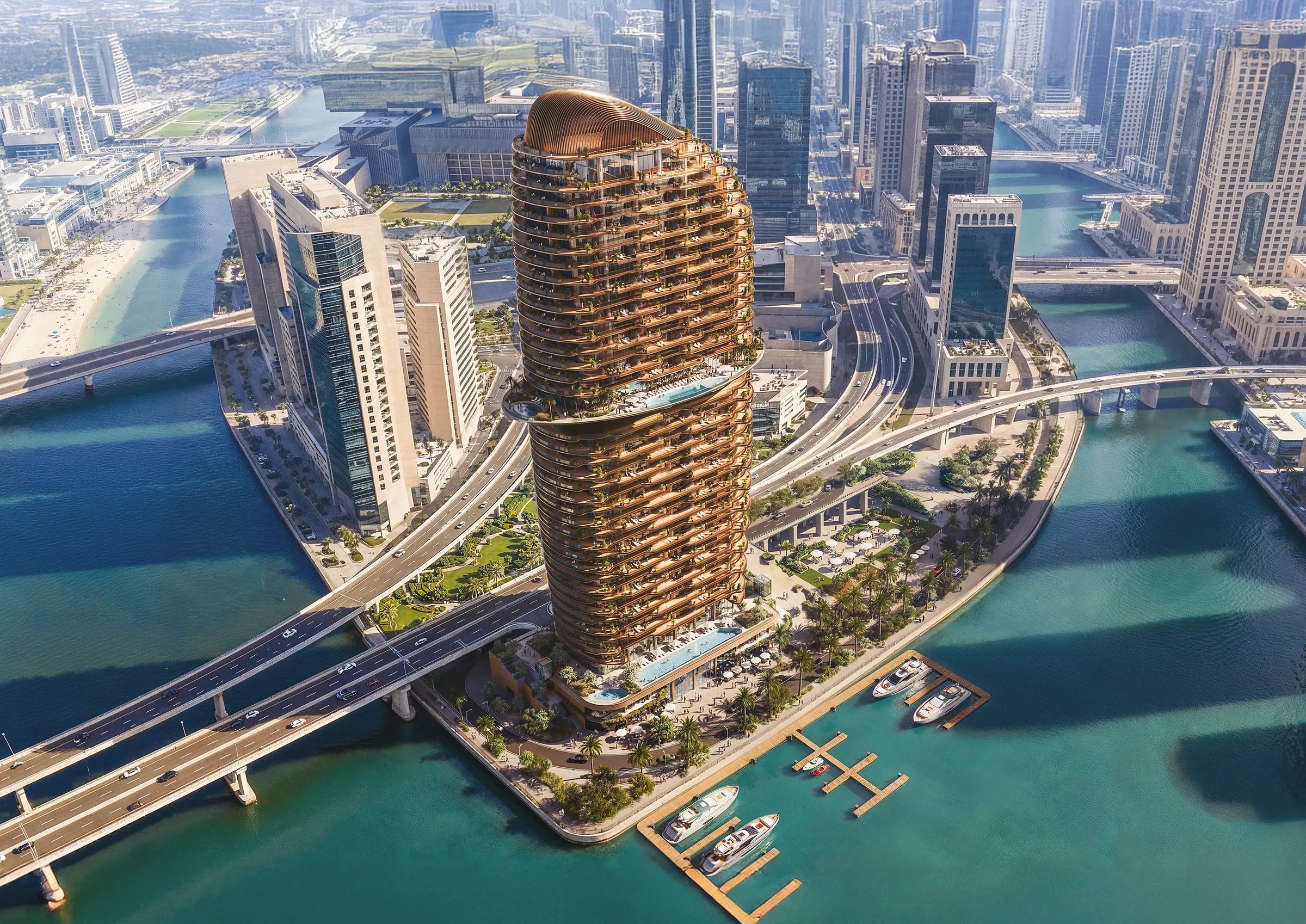 High aerial view of the tower among the Al Maryah Island waterways by day, developer render