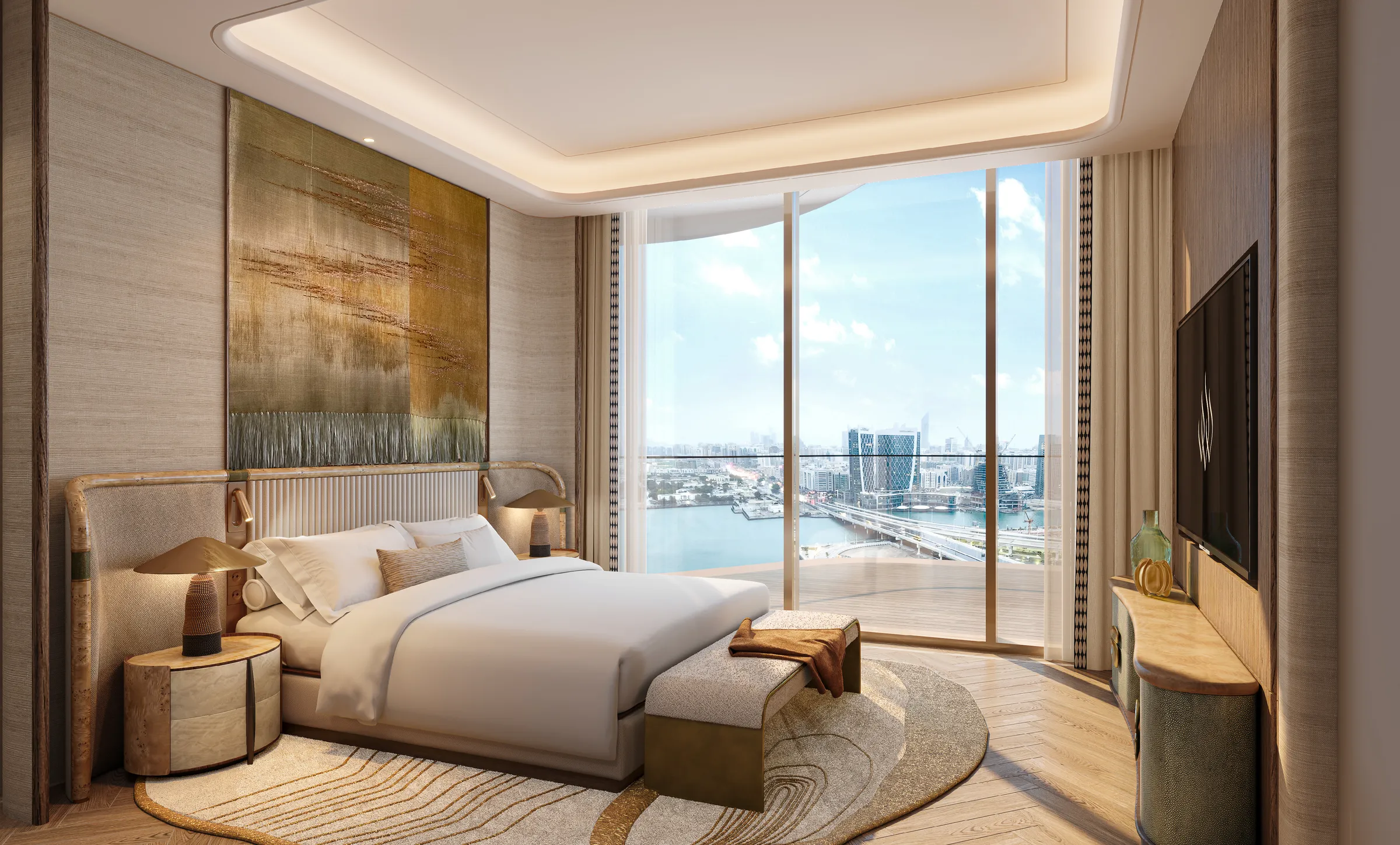 Residence bedroom with a full-height window over the water, developer render