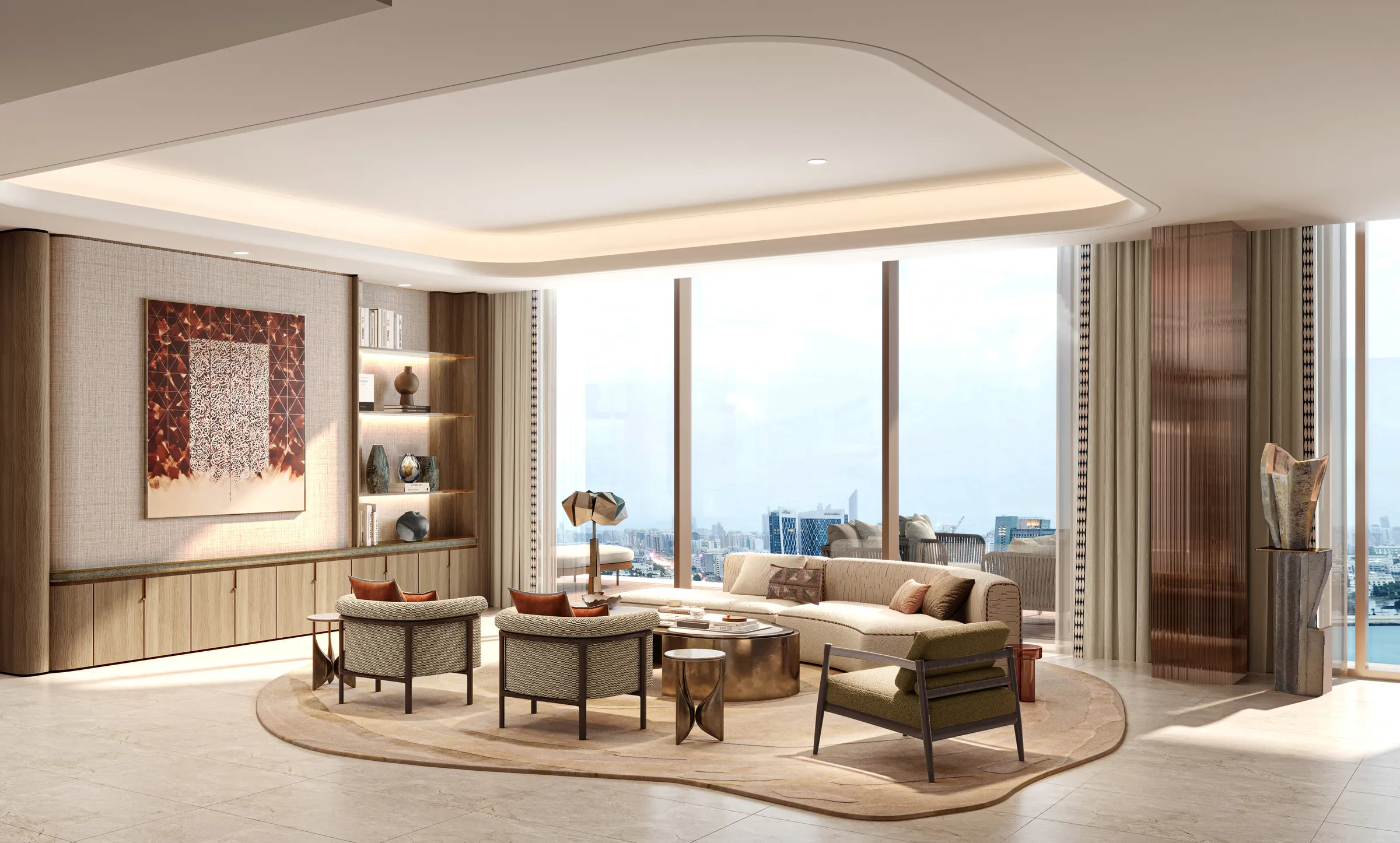 Residence living room with lounge seating and a wide view over the water, developer render