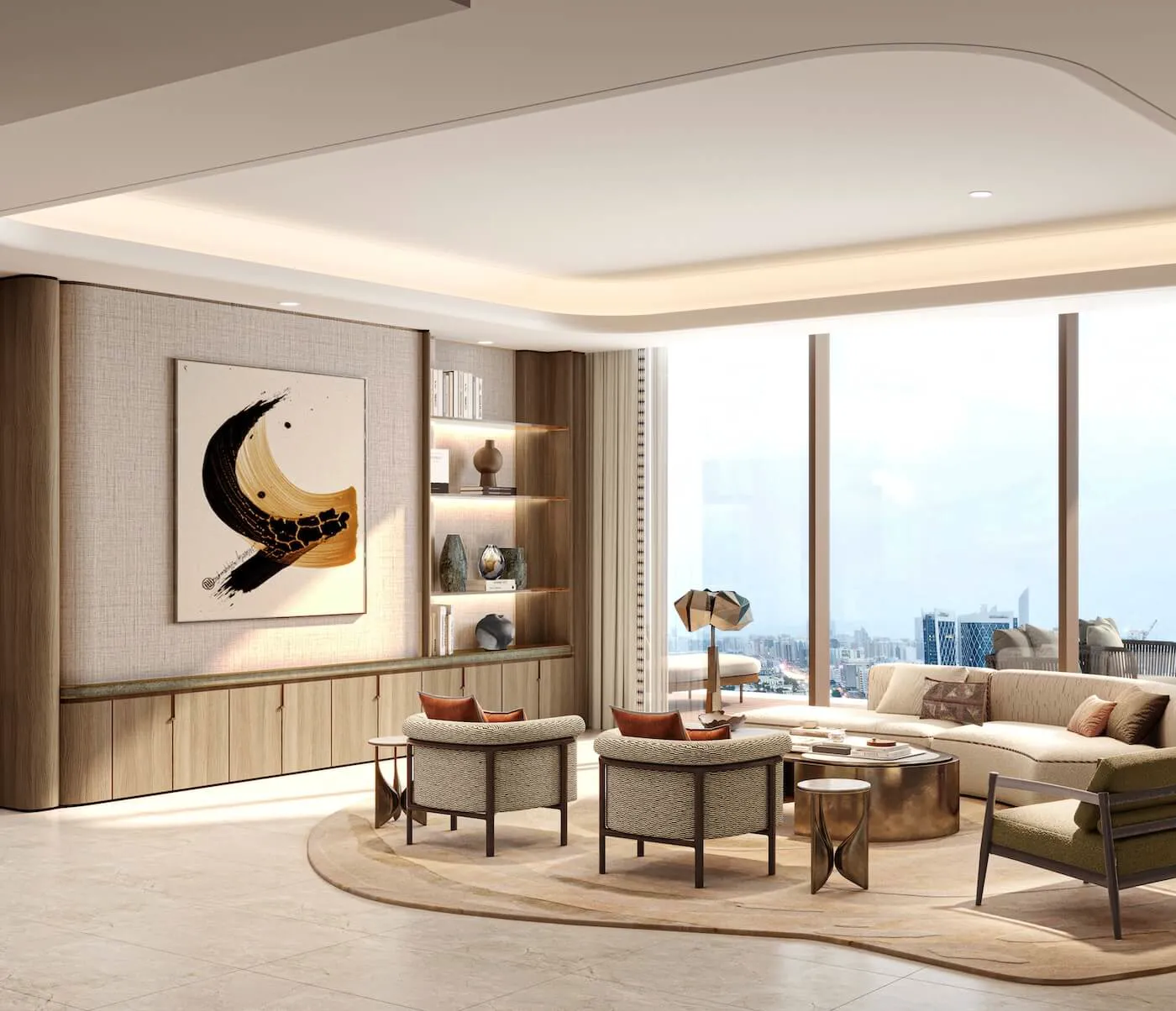 A residence lounge with full-height glass, developer render